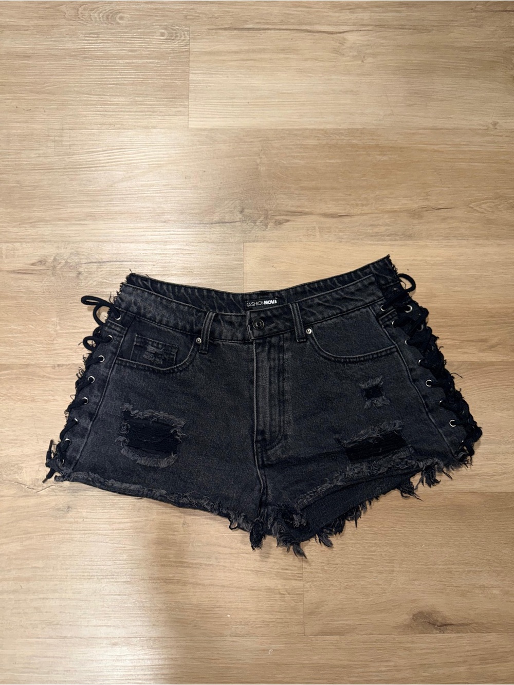 Fashion Nova Black Distressed Lace-Up Side Denim Shorts